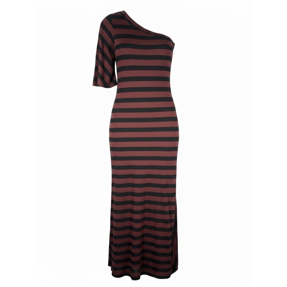 Fraiche by J One Shoulder Maxi Dress Burgundy Black Striped Size Small